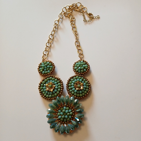 Sunburst Blue Green Gold Tone Floral Cluster Crystal Beaded Chain Necklace - Picture 1 of 15